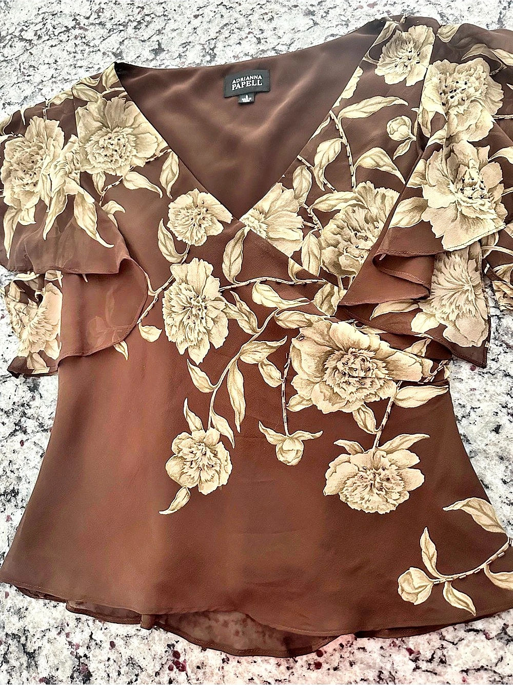 Adrianna Papell Y2K Vintage Floral Ruffle Sleeve Blouse in Brown Size 8 Like New - Picture 2 of 5